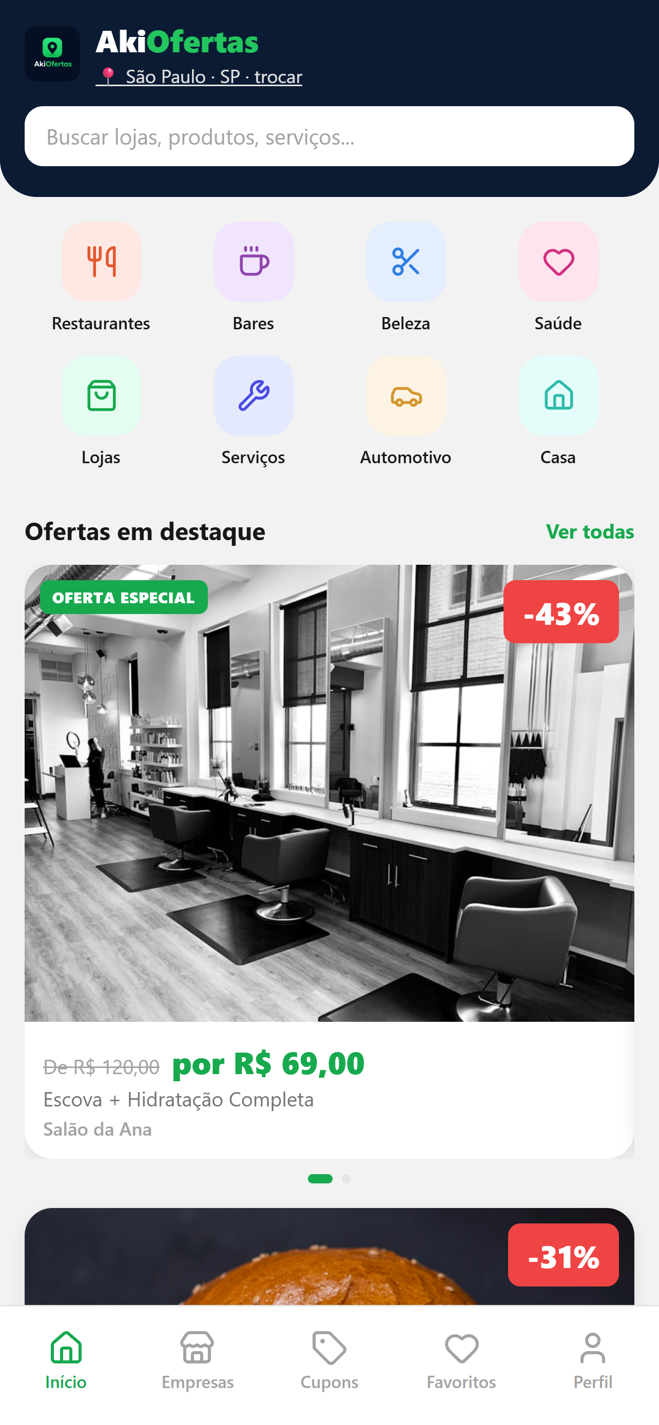 Tela do app de ofertas e cupons, estilo Aki Ofertas