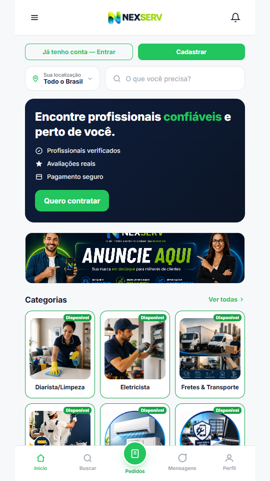 Tela do app de serviços locais, estilo NEXSERV